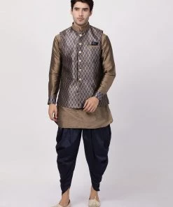 Vastramay Men's Navy Blue Cotton Silk Blend Ethnic Jacket, Kurta And Dhoti Pant Set