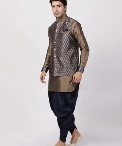 Vastramay Men's Navy Blue Cotton Silk Blend Ethnic Jacket, Kurta And Dhoti Pant Set