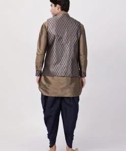 Vastramay Men's Navy Blue Cotton Silk Blend Ethnic Jacket, Kurta And Dhoti Pant Set 11 Vastramay Men's Navy Blue Cotton Silk Blend Ethnic Jacket, Kurta And Dhoti Pant Set