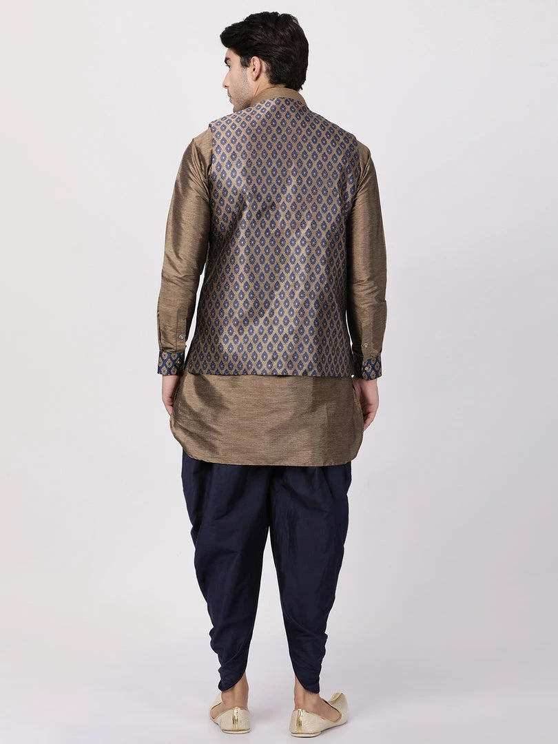 Vastramay Men's Navy Blue Cotton Silk Blend Ethnic Jacket, Kurta And Dhoti Pant Set 6 Vastramay Men's Navy Blue Cotton Silk Blend Ethnic Jacket, Kurta And Dhoti Pant Set