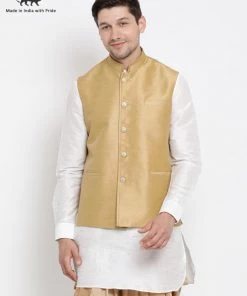 Vastramay Men's Beige Cotton Silk Blend Ethnic Jacket