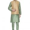 Vastramay Men's Light Green Cotton Silk Blend Kurta, Ethnic Jacket And Pyjama Set