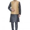 Vastramay Men's Grey Cotton Silk Blend Kurta, Ethnic Jacket And Pyjama Set