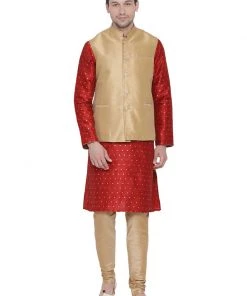 Vastramay Men's Maroon Cotton Silk Blend Kurta, Ethnic Jacket And Pyjama Set