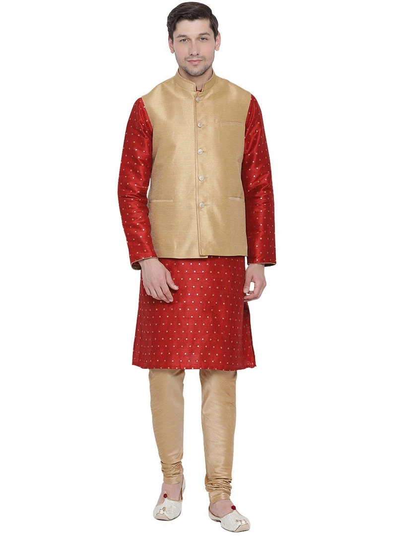 Vastramay Men's Maroon Cotton Silk Blend Kurta, Ethnic Jacket And Pyjama Set 3 Vastramay Men's Maroon Cotton Silk Blend Kurta, Ethnic Jacket And Pyjama Set