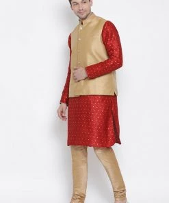 Vastramay Men's Maroon Cotton Silk Blend Kurta, Ethnic Jacket And Pyjama Set