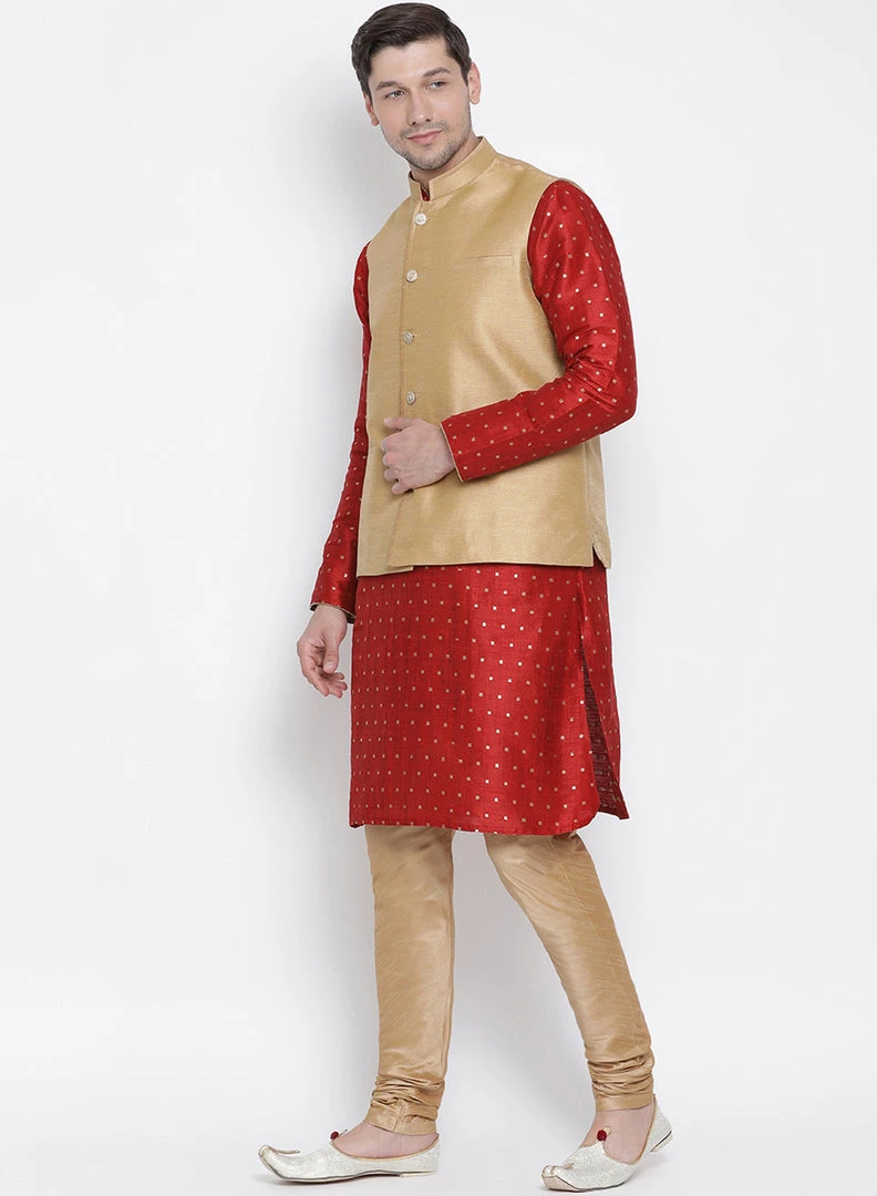 Vastramay Men's Maroon Cotton Silk Blend Kurta, Ethnic Jacket And Pyjama Set 4 Vastramay Men's Maroon Cotton Silk Blend Kurta, Ethnic Jacket And Pyjama Set