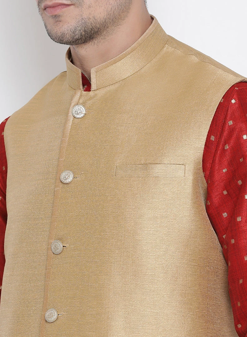 Vastramay Men's Maroon Cotton Silk Blend Kurta, Ethnic Jacket And Pyjama Set 5 Vastramay Men's Maroon Cotton Silk Blend Kurta, Ethnic Jacket And Pyjama Set