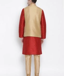 Vastramay Men's Maroon Cotton Silk Blend Kurta, Ethnic Jacket And Pyjama Set 11 Vastramay Men's Maroon Cotton Silk Blend Kurta, Ethnic Jacket And Pyjama Set
