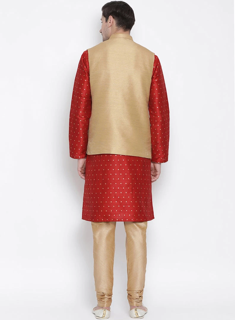 Vastramay Men's Maroon Cotton Silk Blend Kurta, Ethnic Jacket And Pyjama Set 6 Vastramay Men's Maroon Cotton Silk Blend Kurta, Ethnic Jacket And Pyjama Set