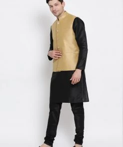 Vastramay Men's Black Cotton Silk Blend Kurta, Ethnic Jacket And Pyjama Set