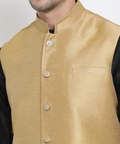 Vastramay Men's Black Cotton Silk Blend Kurta, Ethnic Jacket And Pyjama Set