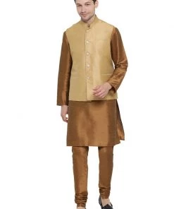Vastramay Men's Brown Cotton Silk Blend Kurta, Ethnic Jacket And Pyjama Set