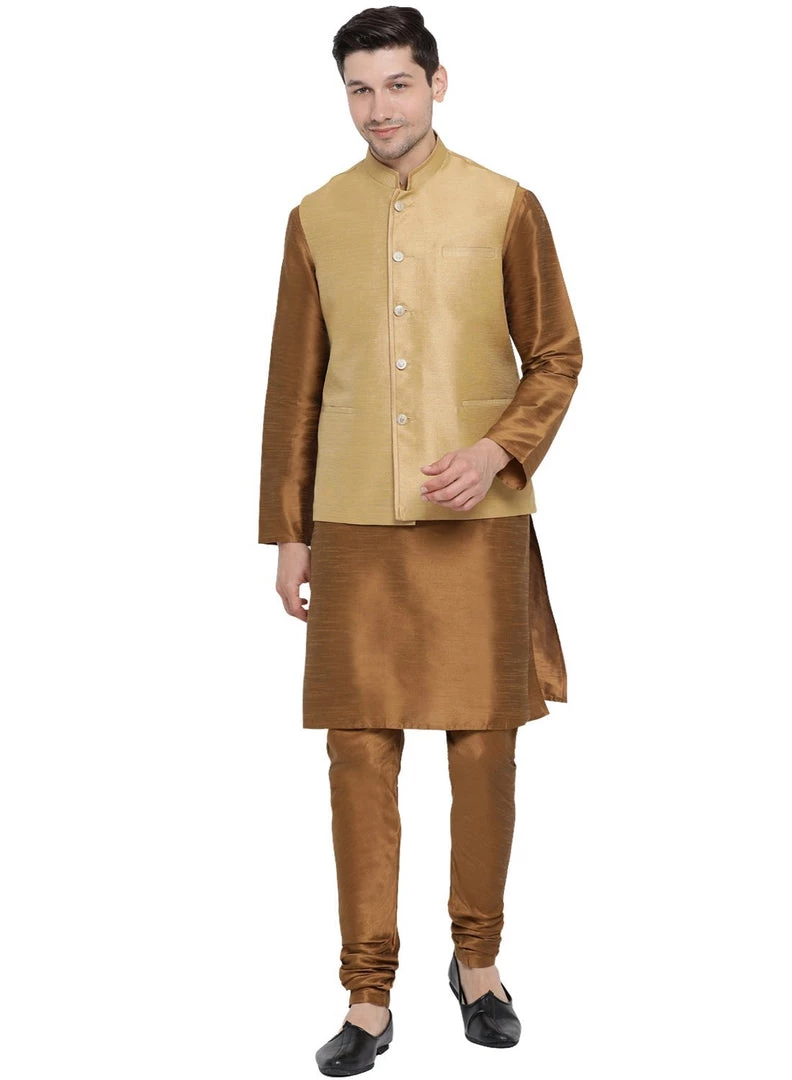 Vastramay Men's Brown Cotton Silk Blend Kurta, Ethnic Jacket And Pyjama Set 3 Vastramay Men's Brown Cotton Silk Blend Kurta, Ethnic Jacket And Pyjama Set