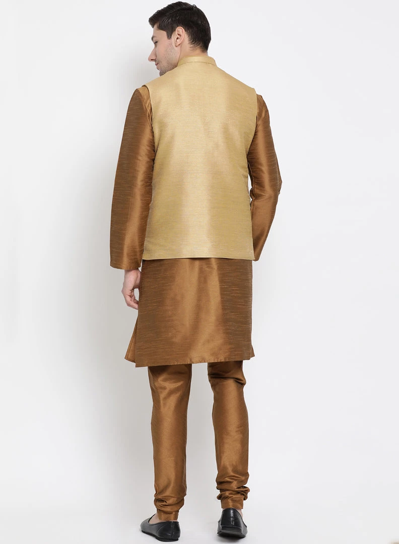 Vastramay Men's Brown Cotton Silk Blend Kurta, Ethnic Jacket And Pyjama Set 6 Vastramay Men's Brown Cotton Silk Blend Kurta, Ethnic Jacket And Pyjama Set