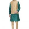 Vastramay Men's Green Cotton Silk Blend Kurta, Ethnic Jacket And Pyjama Set