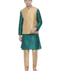 Vastramay Men's Green Cotton Silk Blend Kurta, Ethnic Jacket And Pyjama Set