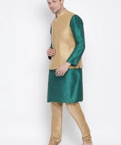 Vastramay Men's Green Cotton Silk Blend Kurta, Ethnic Jacket And Pyjama Set