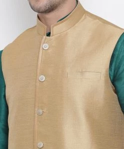 Vastramay Men's Green Cotton Silk Blend Kurta, Ethnic Jacket And Pyjama Set