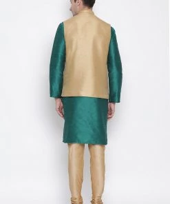 Vastramay Men's Green Cotton Silk Blend Kurta, Ethnic Jacket And Pyjama Set
