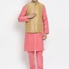 Vastramay Men's Pink Cotton Silk Blend Kurta, Ethnic Jacket And Pyjama Set