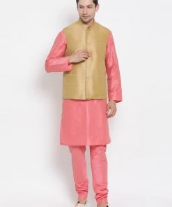 Vastramay Men's Pink Cotton Silk Blend Kurta, Ethnic Jacket And Pyjama Set