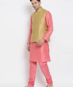 Vastramay Men's Pink Cotton Silk Blend Kurta, Ethnic Jacket And Pyjama Set