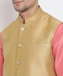 Vastramay Men's Pink Cotton Silk Blend Kurta, Ethnic Jacket And Pyjama Set