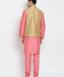 Vastramay Men's Pink Cotton Silk Blend Kurta, Ethnic Jacket And Pyjama Set