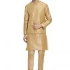 Vastramay Men's Gold Cotton Silk Blend Kurta, Ethnic Jacket And Pyjama Set