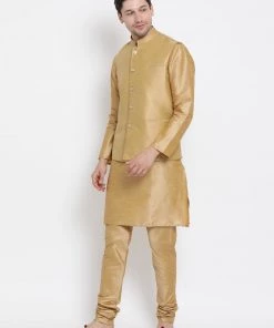 Vastramay Men's Gold Cotton Silk Blend Kurta, Ethnic Jacket And Pyjama Set