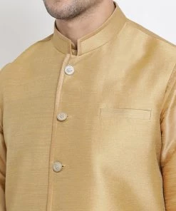 Vastramay Men's Gold Cotton Silk Blend Kurta, Ethnic Jacket And Pyjama Set