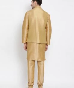 Vastramay Men's Gold Cotton Silk Blend Kurta, Ethnic Jacket And Pyjama Set