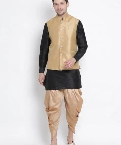 Vastramay Men's Black Cotton Silk Blend Ethnic Jacket, Kurta And Dhoti Pant Set