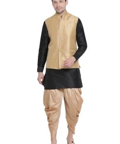 Vastramay Men's Black Cotton Silk Blend Ethnic Jacket, Kurta And Dhoti Pant Set