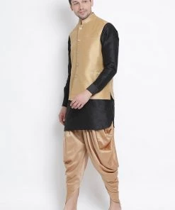 Vastramay Men's Black Cotton Silk Blend Ethnic Jacket, Kurta And Dhoti Pant Set
