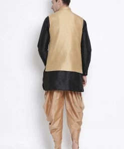 Vastramay Men's Black Cotton Silk Blend Ethnic Jacket, Kurta And Dhoti Pant Set