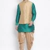 Vastramay Men's Green Cotton Silk Blend Ethnic Jacket, Kurta And Dhoti Pant Set