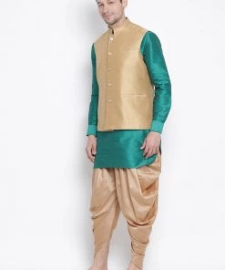 Vastramay Men's Green Cotton Silk Blend Ethnic Jacket, Kurta And Dhoti Pant Set