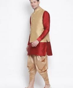 Vastramay Men's Maroon Cotton Silk Blend Ethnic Jacket, Kurta And Dhoti Pant Set