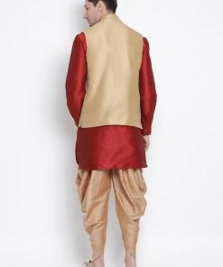 Vastramay Men's Maroon Cotton Silk Blend Ethnic Jacket, Kurta And Dhoti Pant Set
