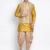 Vastramay Men's Yellow Cotton Silk Blend Ethnic Jacket, Kurta And Dhoti Pant Set