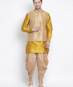 Vastramay Men's Yellow Cotton Silk Blend Ethnic Jacket, Kurta And Dhoti Pant Set