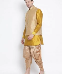 Vastramay Men's Yellow Cotton Silk Blend Ethnic Jacket, Kurta And Dhoti Pant Set