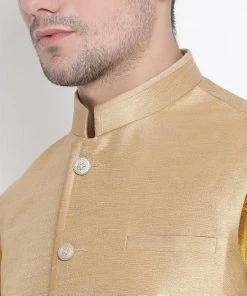 Vastramay Men's Yellow Cotton Silk Blend Ethnic Jacket, Kurta And Dhoti Pant Set