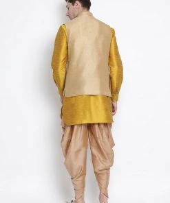 Vastramay Men's Yellow Cotton Silk Blend Ethnic Jacket, Kurta And Dhoti Pant Set