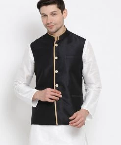 VASTRAMAY Men's Black Cotton Silk Blend Ethnic Jacket