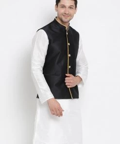 VASTRAMAY Men's Black Cotton Silk Blend Ethnic Jacket