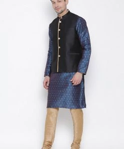 Vastramay Kurta Sets Men's Blue Cotton Silk Blend Kurta, Ethnic Jacket And Pyjama Set