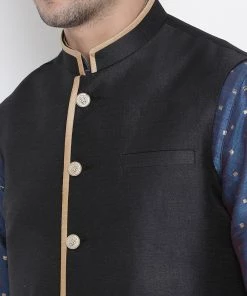Vastramay Kurta Sets Men's Blue Cotton Silk Blend Kurta, Ethnic Jacket And Pyjama Set
